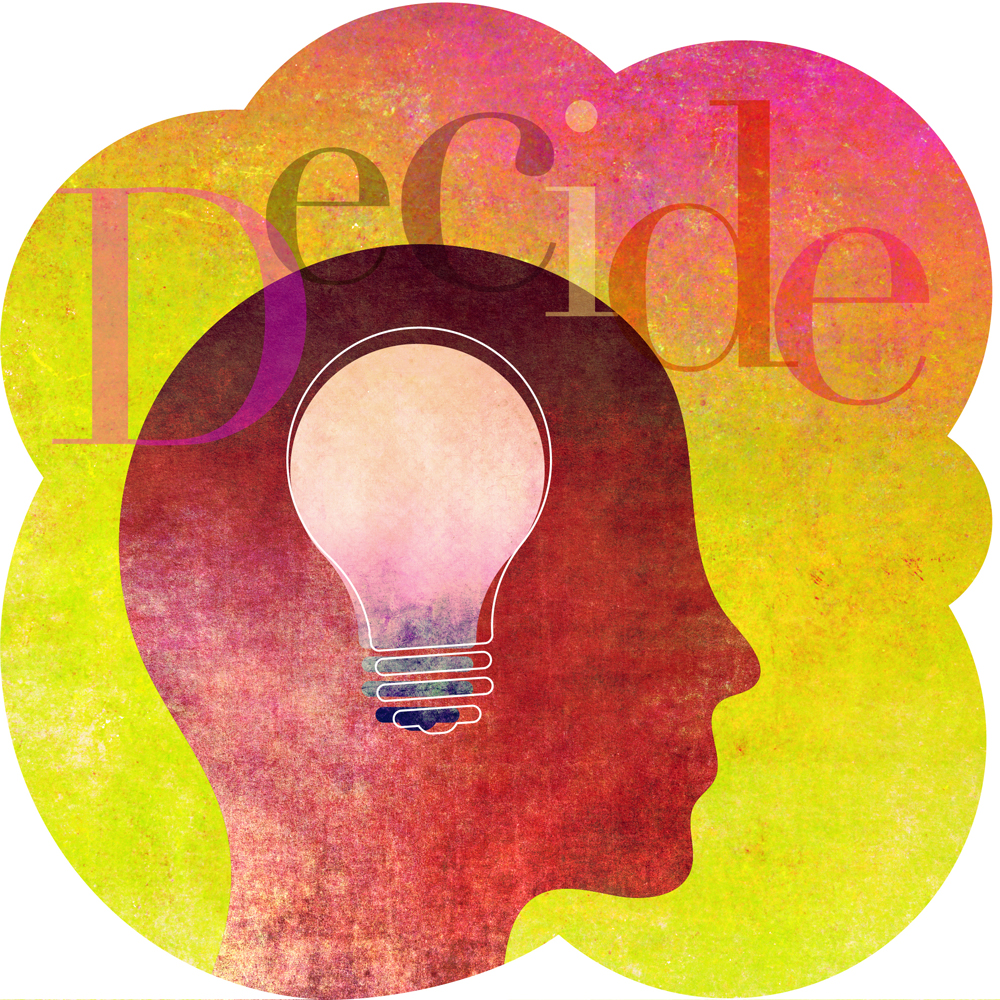 Illustration of a head with a lightbulb inside and the word "decide"