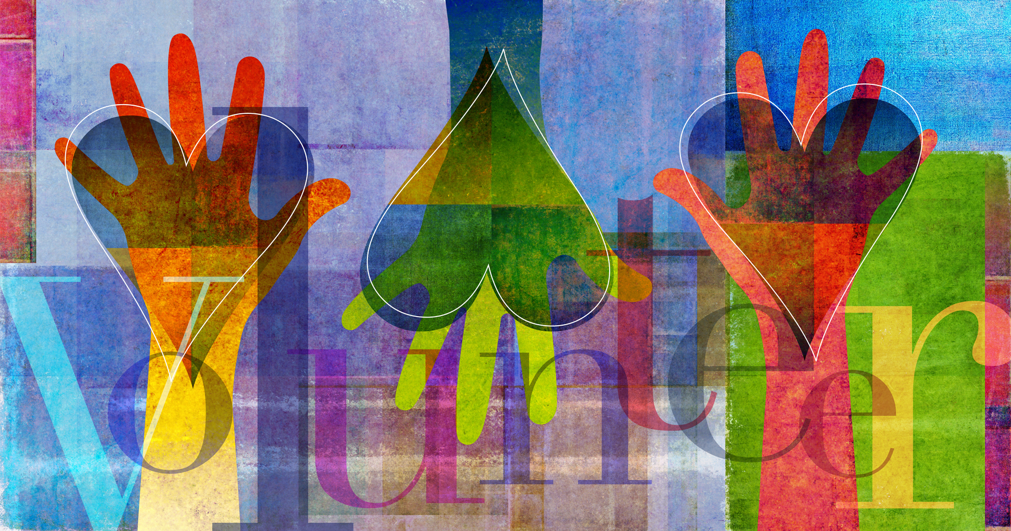 A colorful illustration of hands with hearts in them and the word "volunteer"