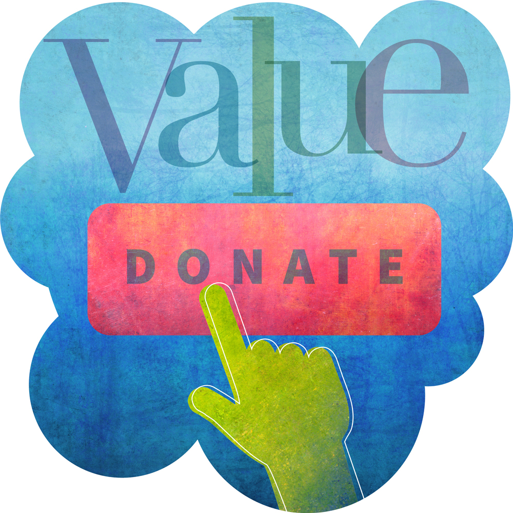 Illustration of a hand with the finger clicking a donate button and the word "value"