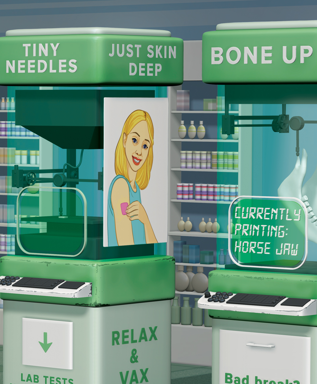 Illustration of the tin man next to 3D printing kiosks