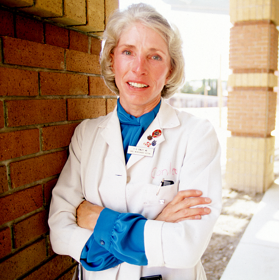 Portrait of Frances Conley in her lab coat