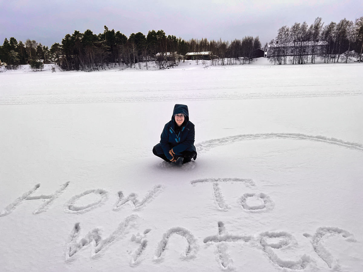 Researcher Kari Leibowitz in the snow, where she has written "Hot to Winter"