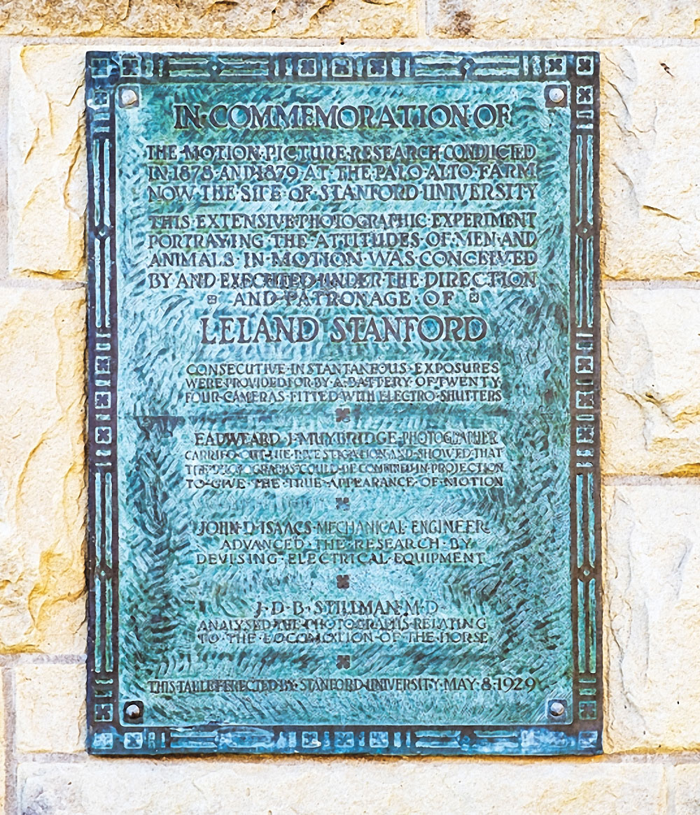 A plaque in commemoration of Eadweard Muybridge, John D. Isaacs and JDB Stillman.