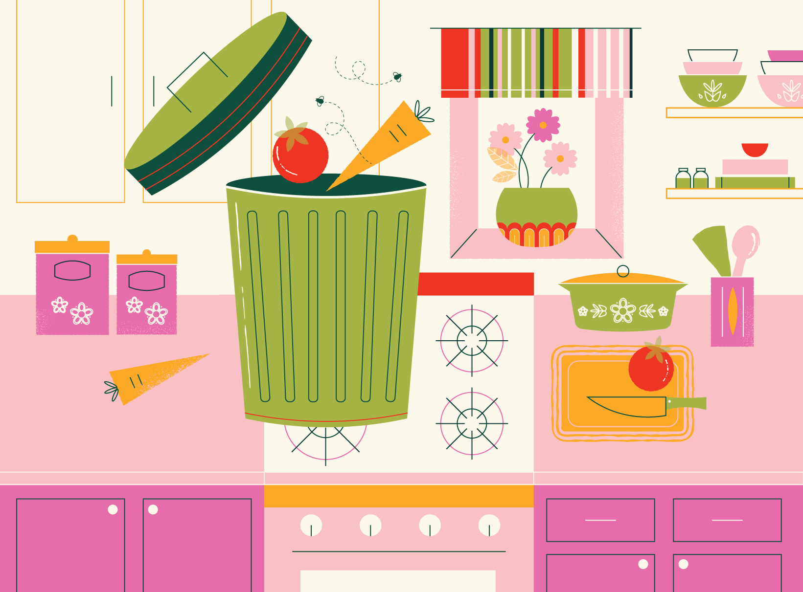 Illustration of a trash can atop a stove