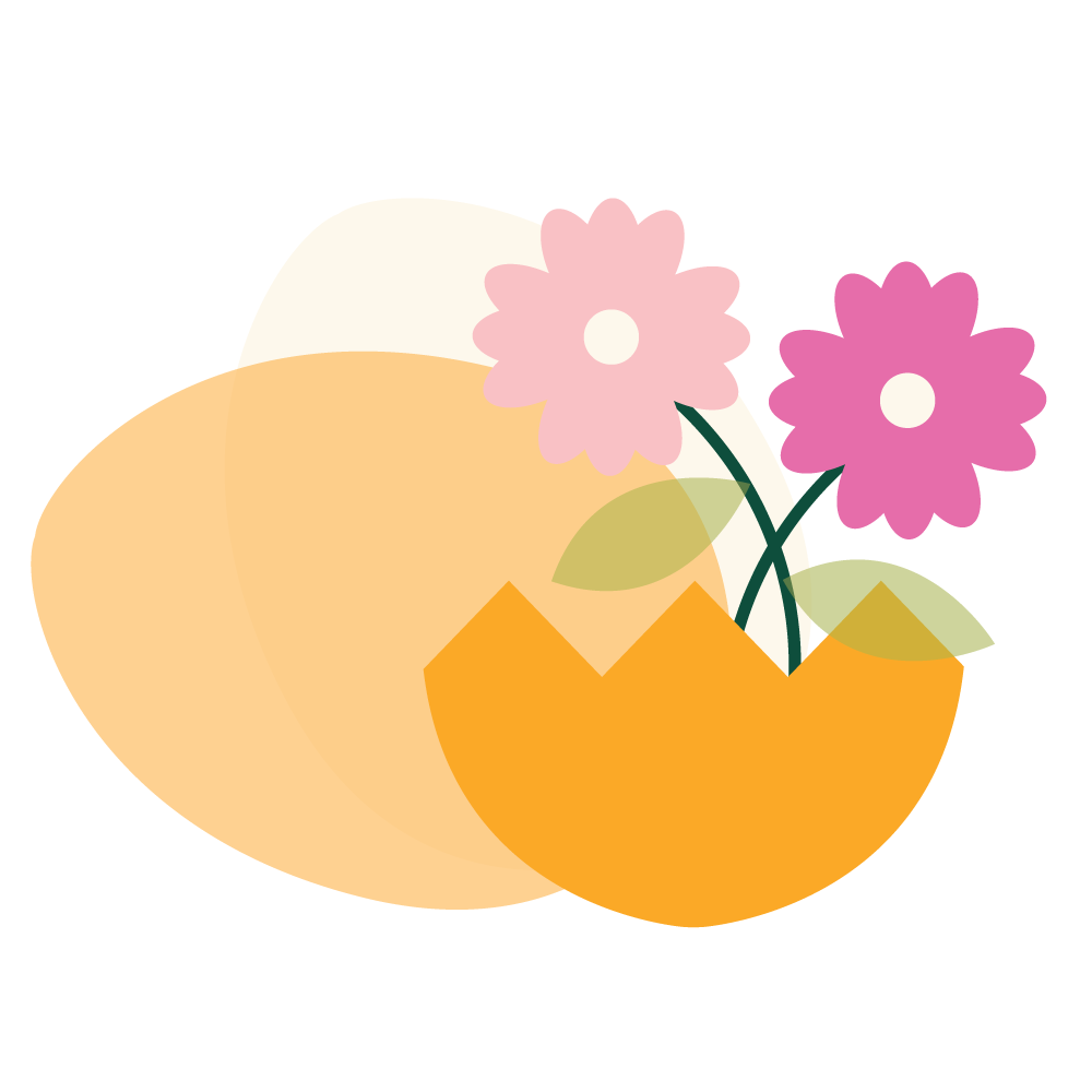 Illustration of eggs and egg shells with flowers growing out of the shells