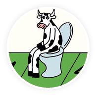 Illustration of a cow sitting on a toilet